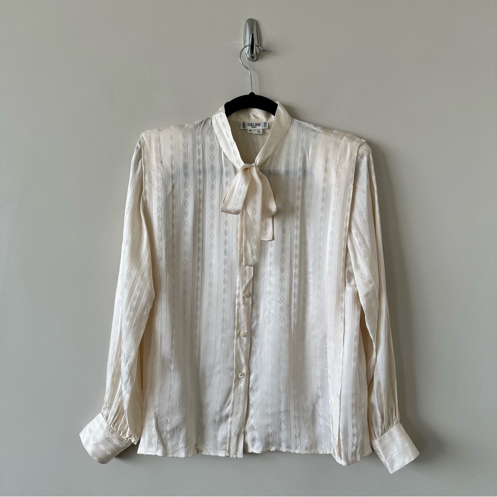 CELINE PARIS- Vintage Cream 100% Silk Pussy Bow Button Down Blouse (Size:40)